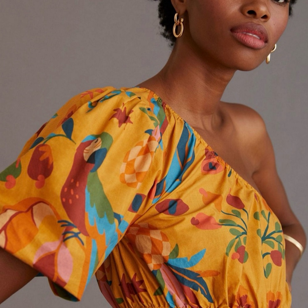 Farm Rio, Vibrant Orange Floral One-Shoulder Dress. Size large.